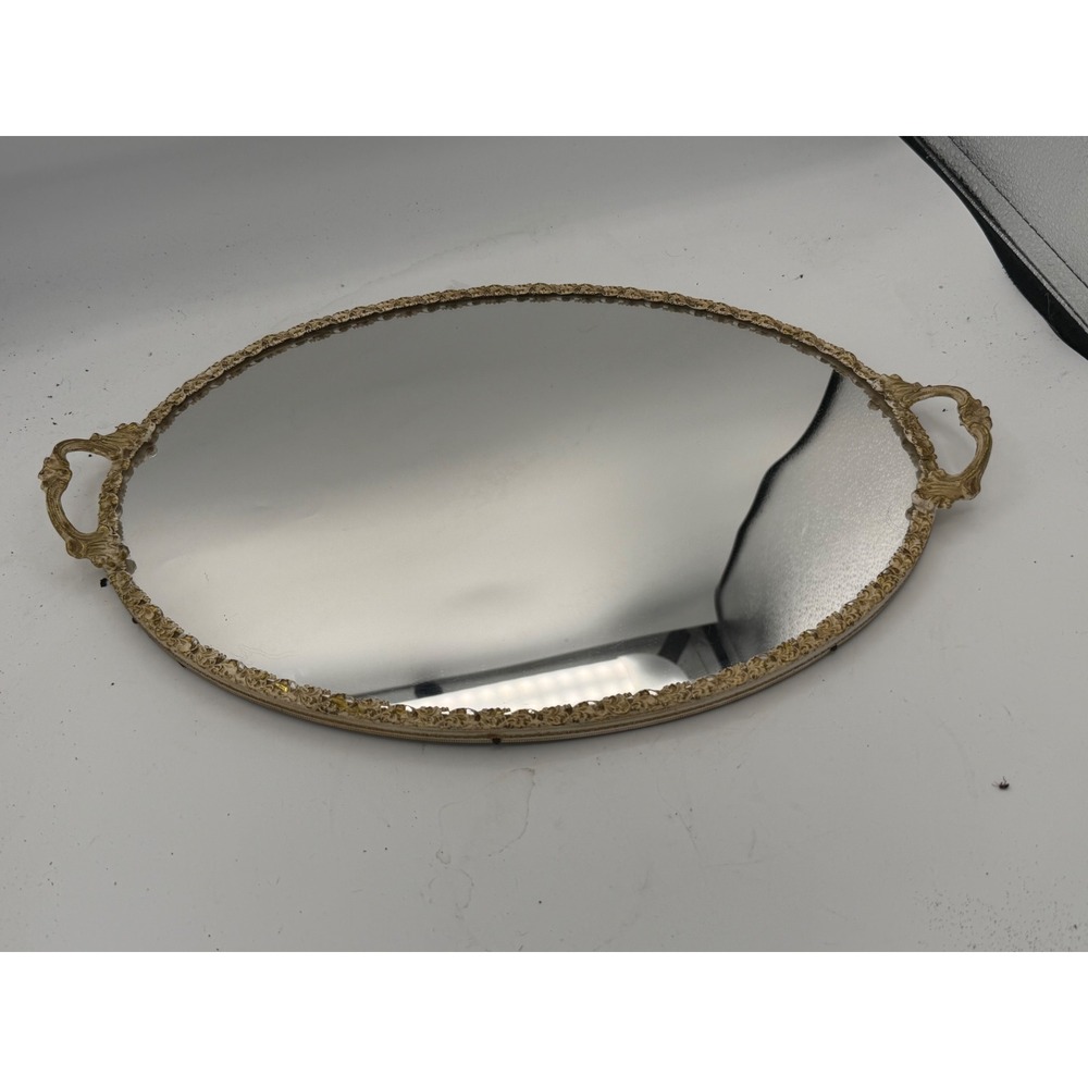 Vtg Hollywood Regency Gold Filigree Oval Mirror Vanity Tray 16" Handle to Handle